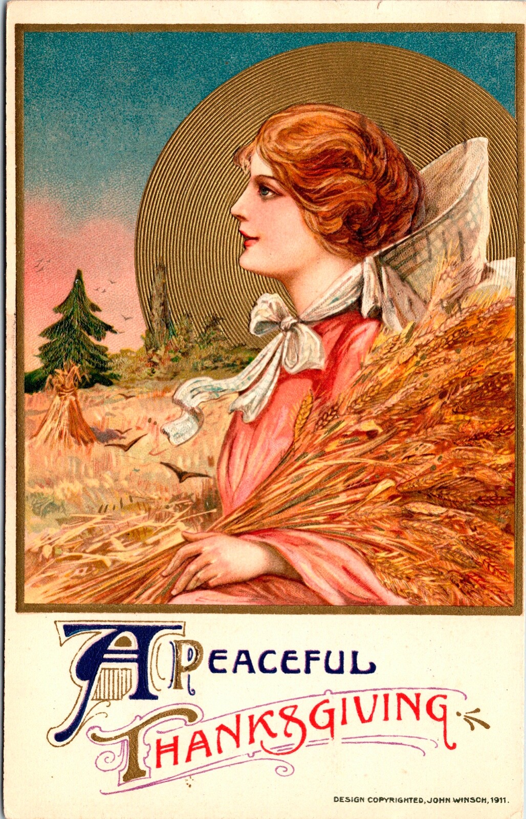 Vintage 1910\'s Schmucker Winsch Girl Golden Sun Harvest Thanksgiving Postcard Vintage 1910\'s Schmucker Winsch Girl Golden Sun Harvest Thanksgiving Postcard