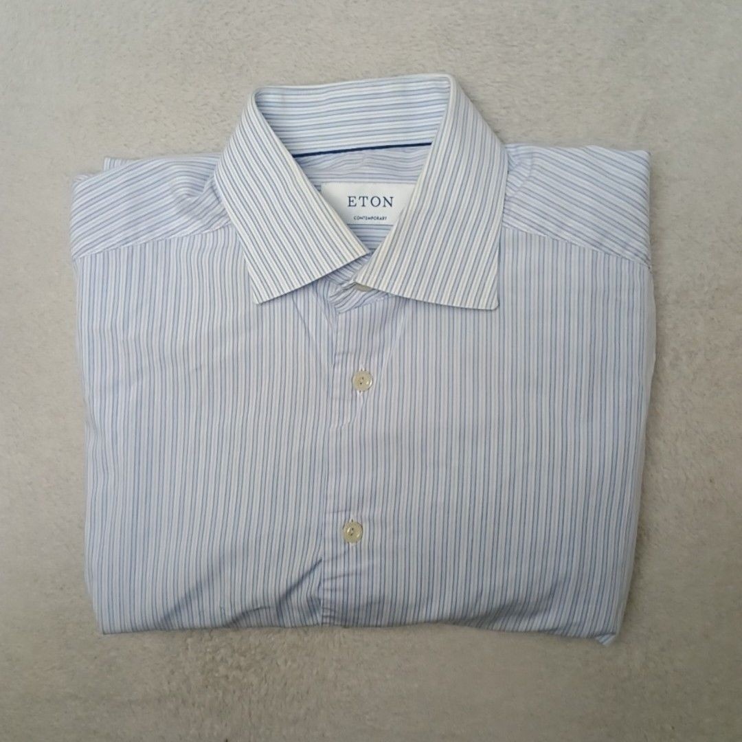 Eton Shirt Men 15.5 Blue Striped Button-Up Long Sleeve Spread Work Bussiness