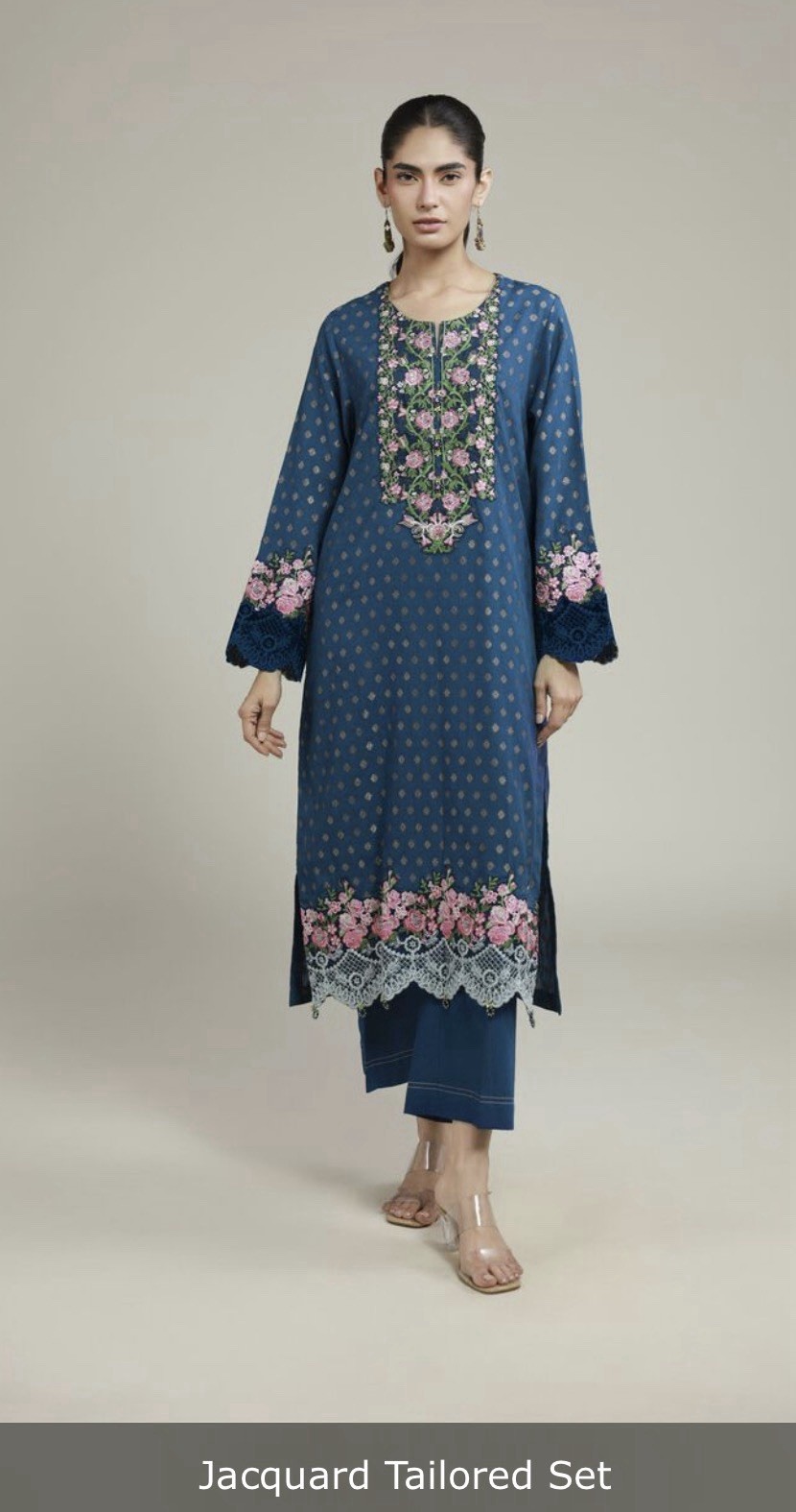 Khaadi Women Blue Jacquard Tailored Salwar Kameez Set Floral Embroidery S Size