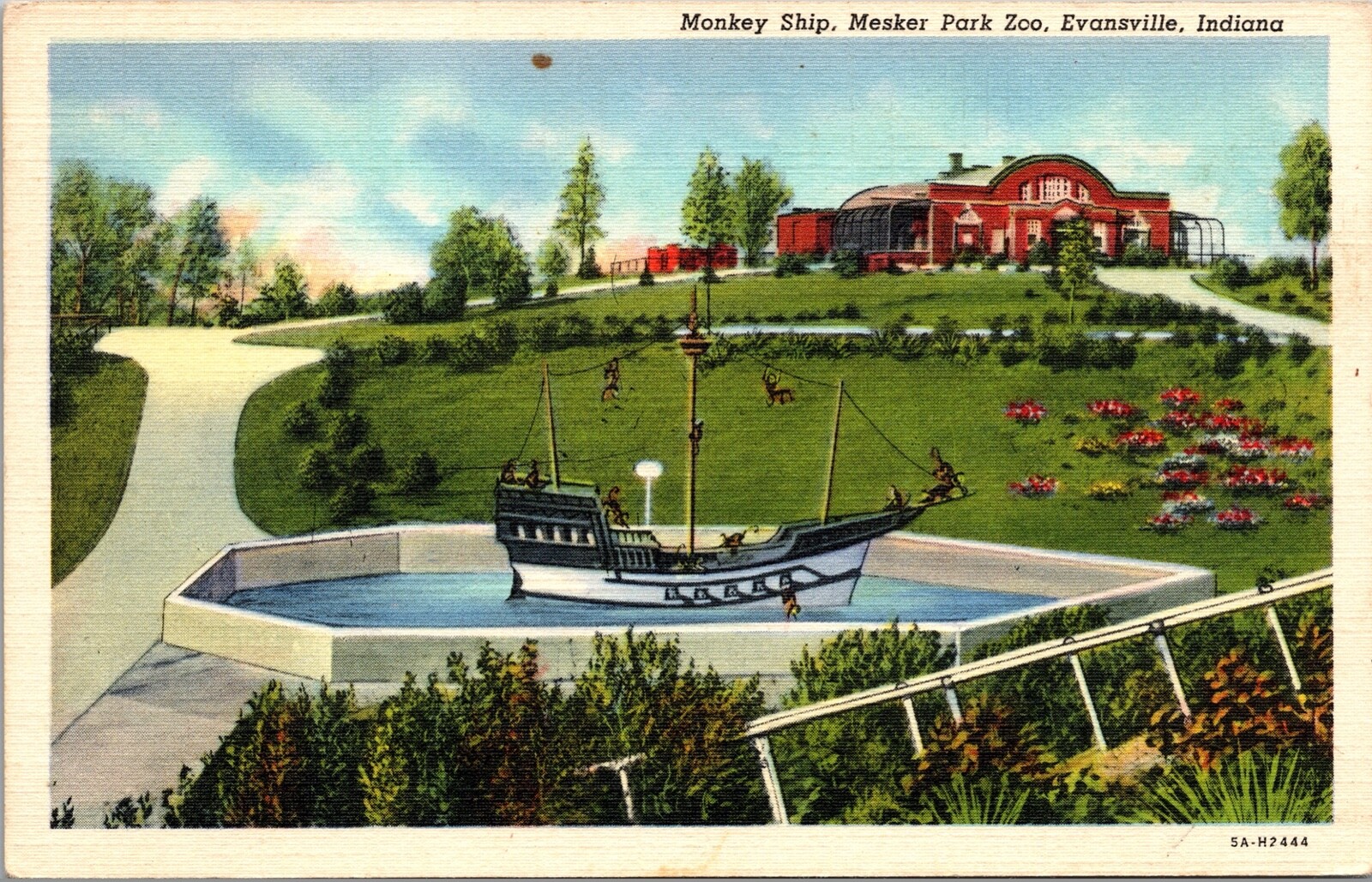 Monkey Ship Mesker Park Zoo Evansville Ind. Postcard Linen Unposted 5R