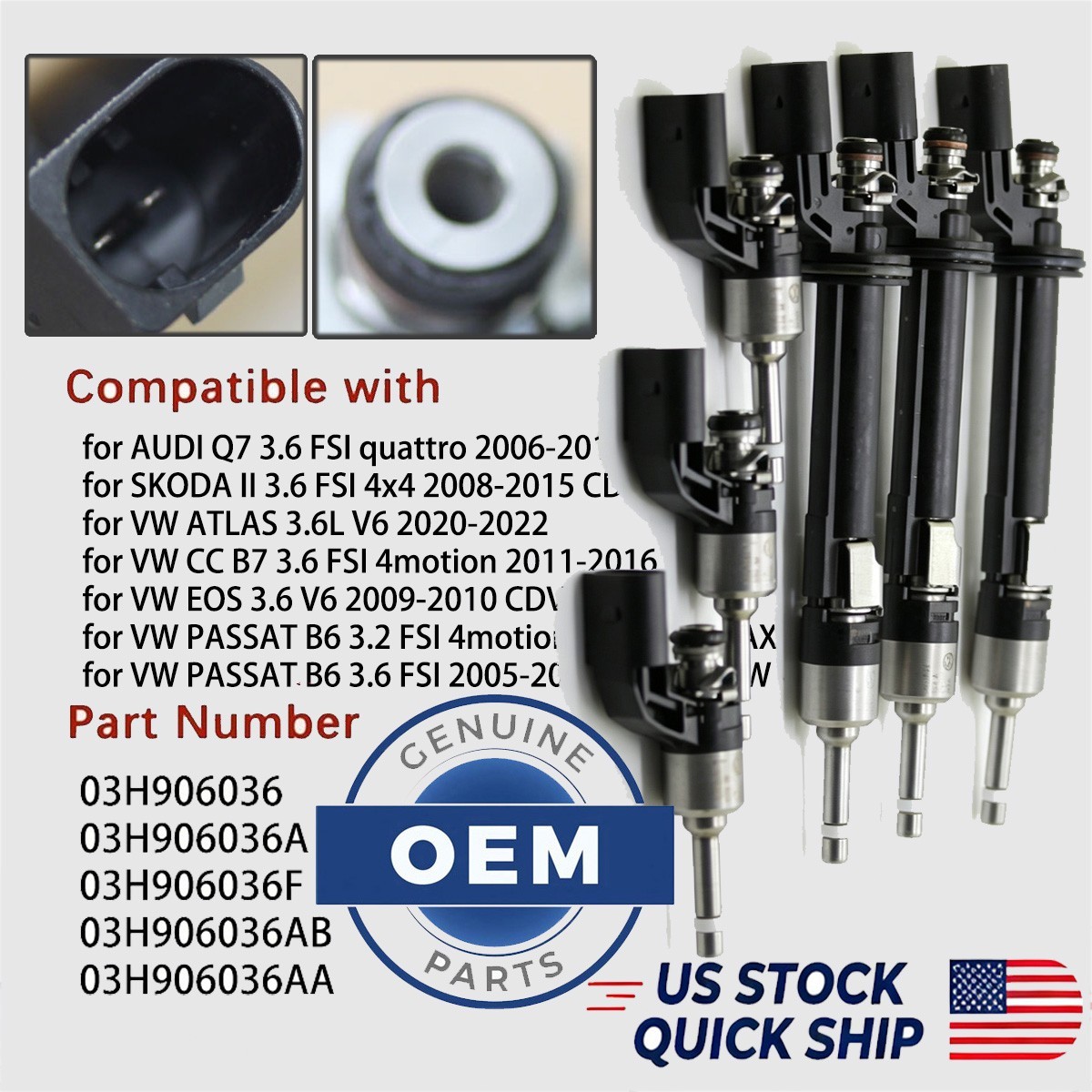 6PCS OEM 03H906036A/F/AA/AB Fuel Injectors for Volkswagen VW CC Passat Audi Q7