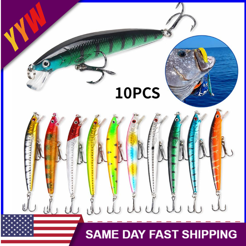 10 PCS Fishing Lures Minnow Baits Crankbaits Lot Hooks Baits Bass Tackle
