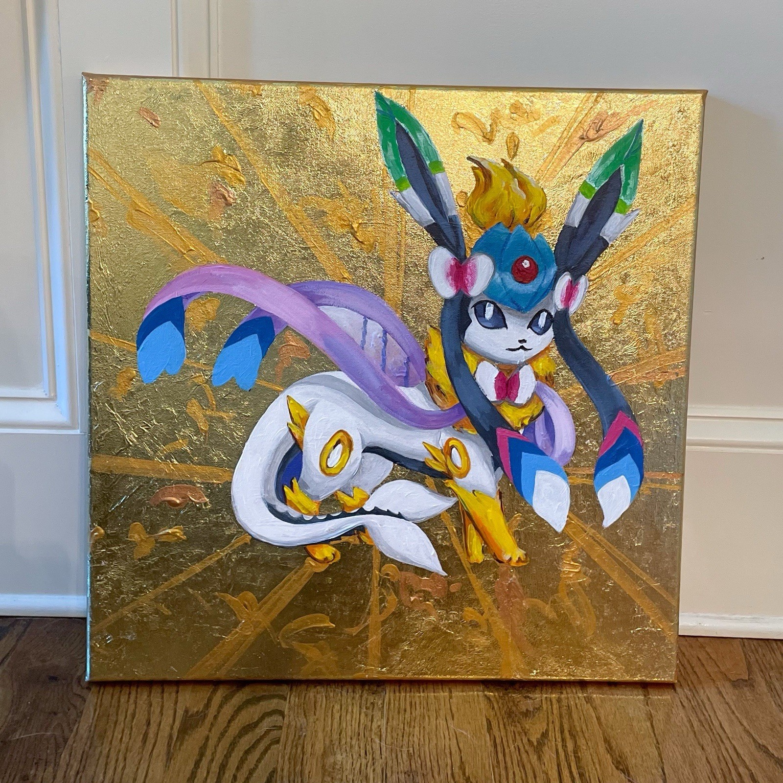 Omneon GX Pokémon Fan Art Painting Sylveon Umbreon Fusion Gold Leaf Canvas 20x20