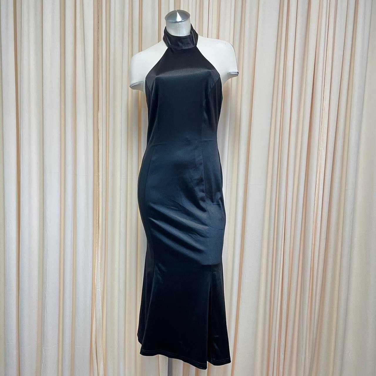 LULUS Women\'s Black Satin Evening Gown Formal Halter Open Back Dress Sz S