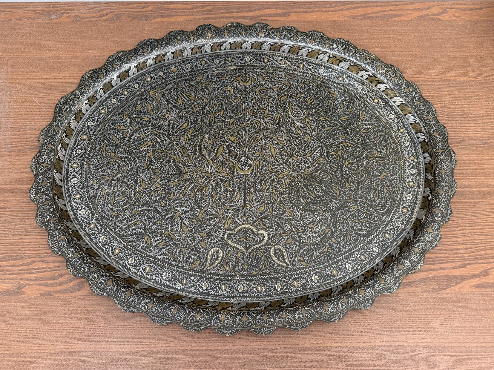 Antique Middle Eastern  silver inlaid Tray, 19th Century Damascened Masterpiece