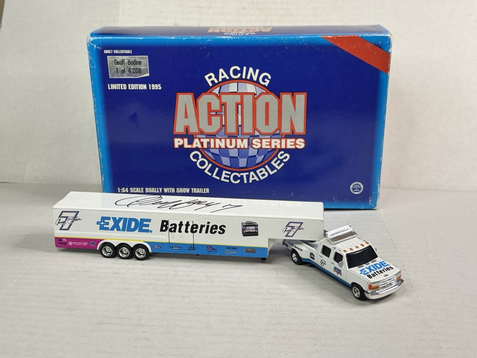 1995 Geoff Bodine 1/64 Action Dually With Show Car Trailer Autographed Exide 1995 Geoff Bodine 1/64 Action Dually With Show Car Trailer Autographed Exide