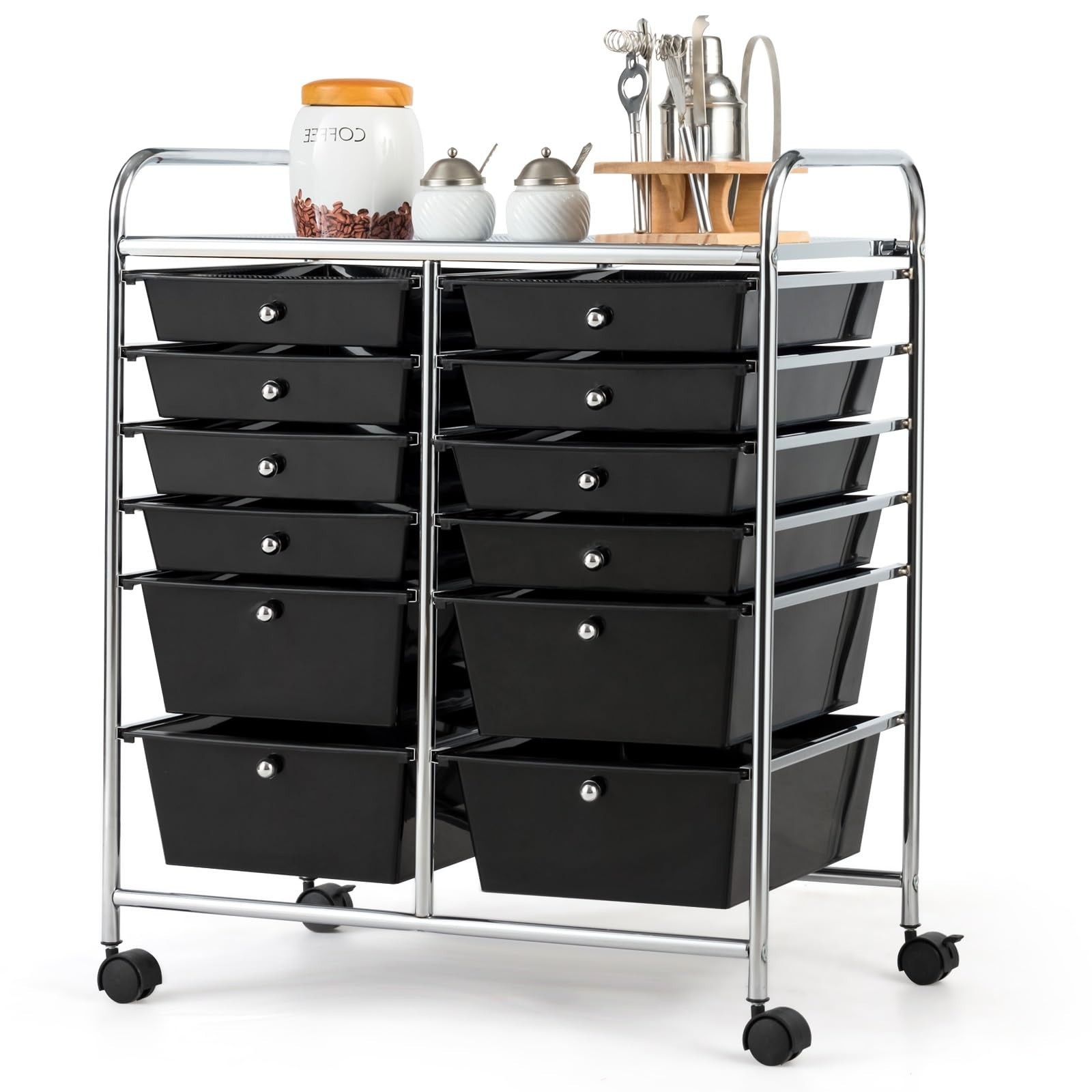 OFFICEJOY 12 Drawer Rolling Storage Cart, Black, Portable Handle, Lockable