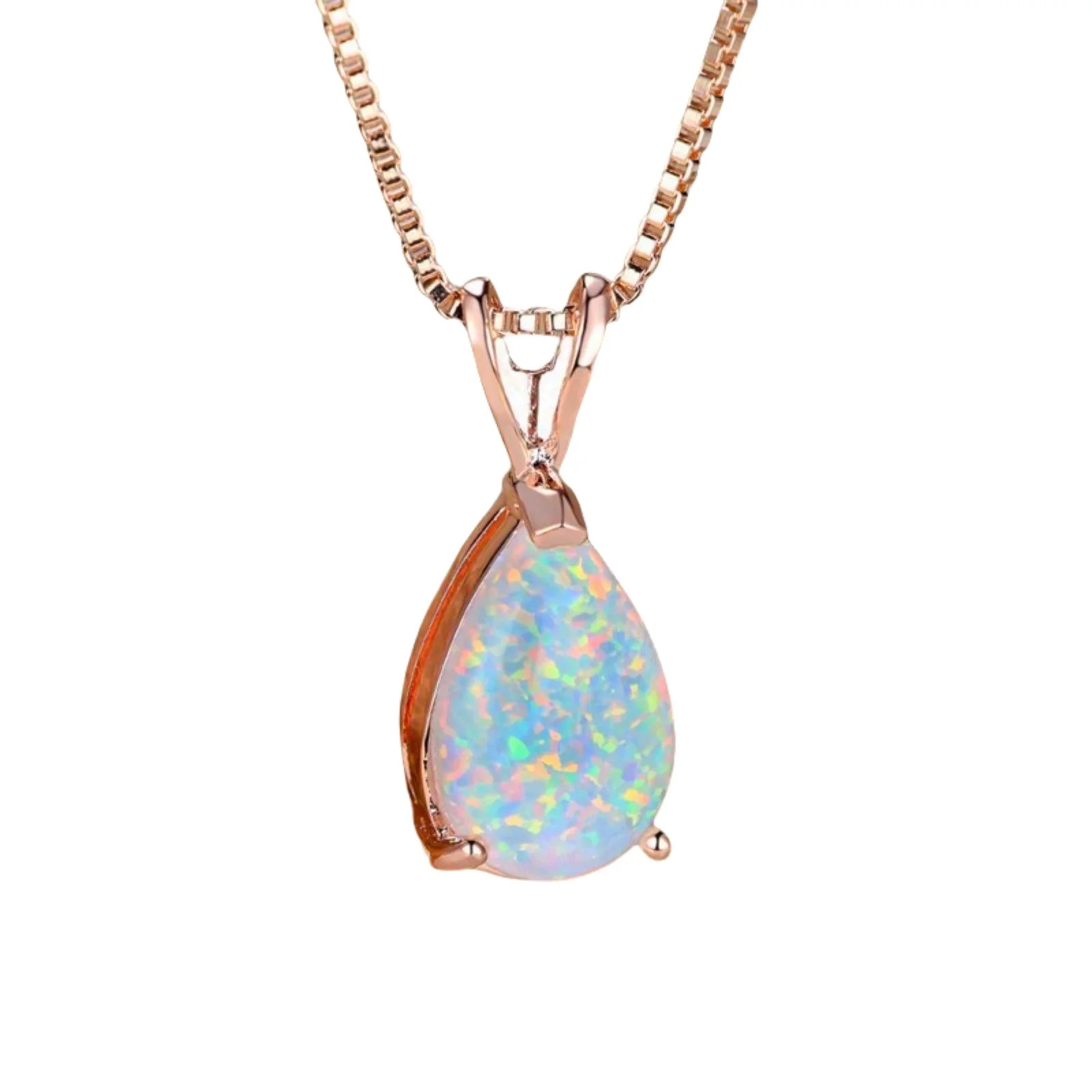 Stunning Teardrop Fire Gold Plated Necklace Opal Pendant Rose October Birthston