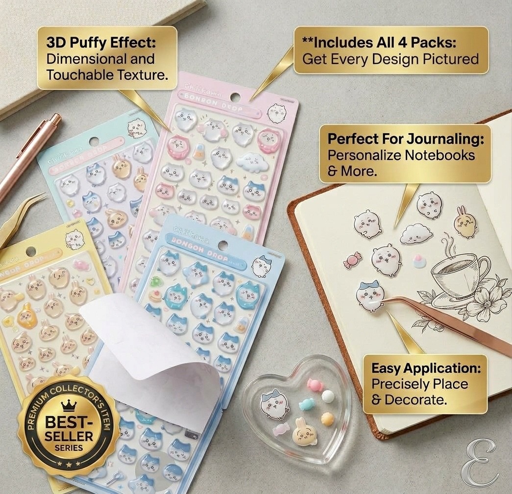 Chiikawa 3D Puffy Stickers 4-Pack Set Kawaii Anime Planner Scrapbooking Decals