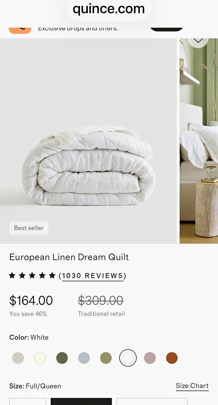 Quince European Linen Dream Quilt Full/Queen White Solid Quilted Linen Quince European Linen Dream Quilt Full/Queen White Solid Quilted Linen