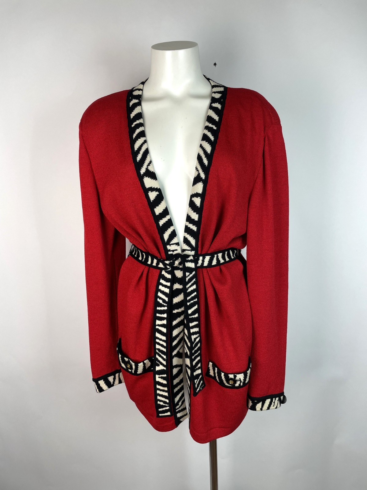 ST. JOHN COLLECTION Belted cardigan jacket Red + ZEBRA Trim Santana Knit M ST. JOHN COLLECTION Belted cardigan jacket Red + ZEBRA Trim Santana Knit M