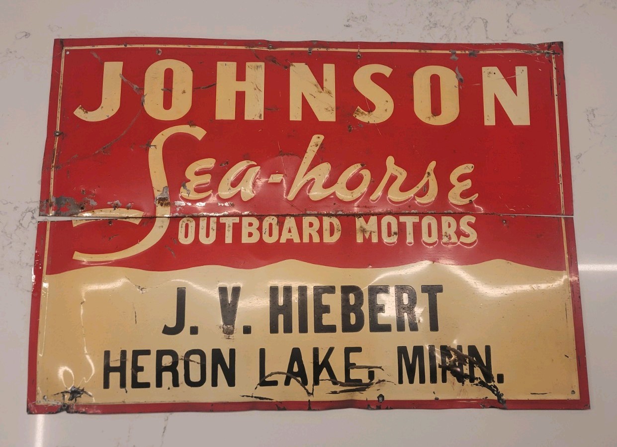 Johnson SEA-HORSE MOTORS Original Sign Outboard Engines Gas Oil Heron Lake Minn Johnson SEA-HORSE MOTORS Original Sign Outboard Engines Gas Oil Heron Lake Minn