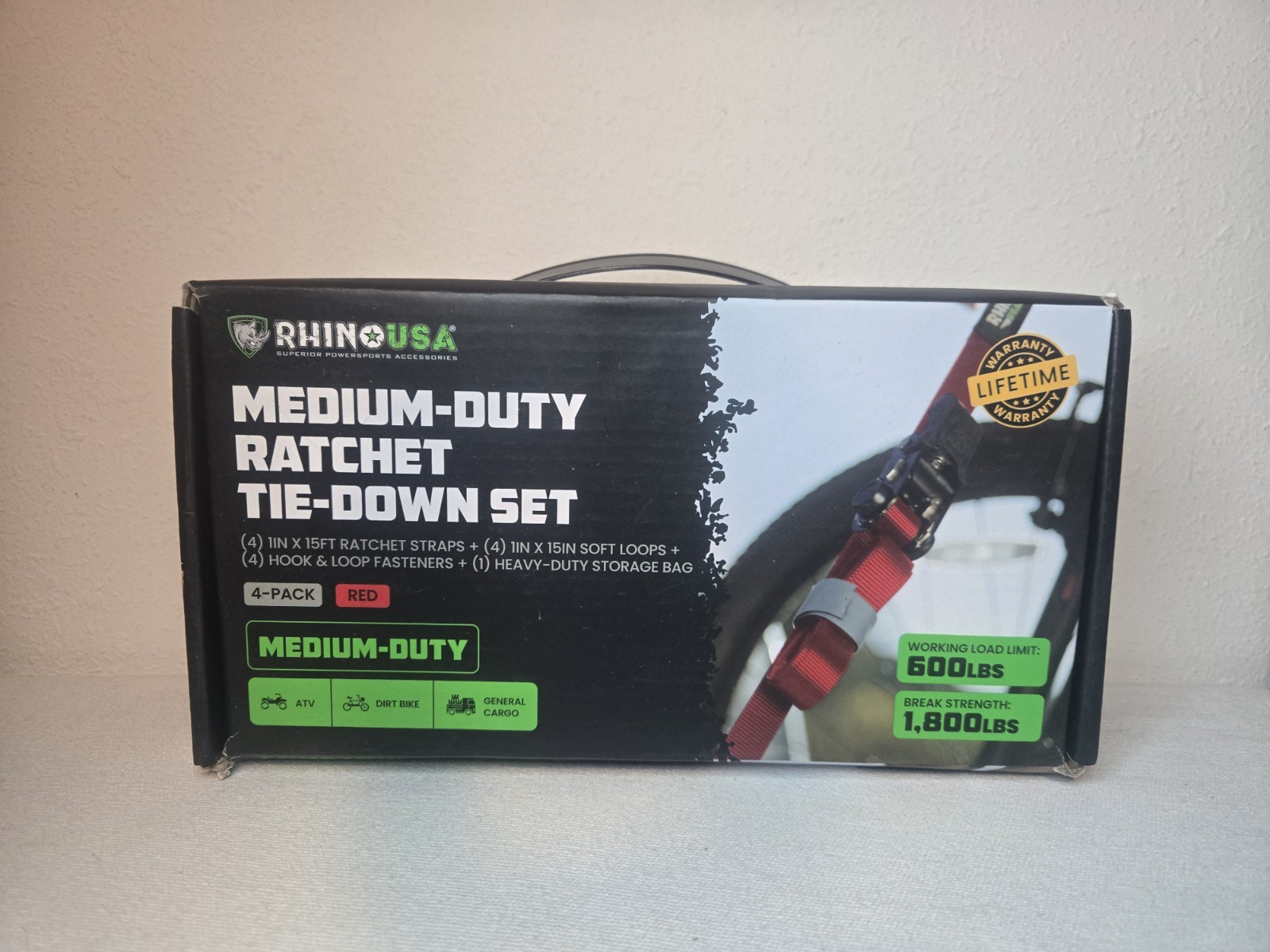 Rhino USA Retractable Tie-Down Set 4-Pack Red Ratchet Straps 1\