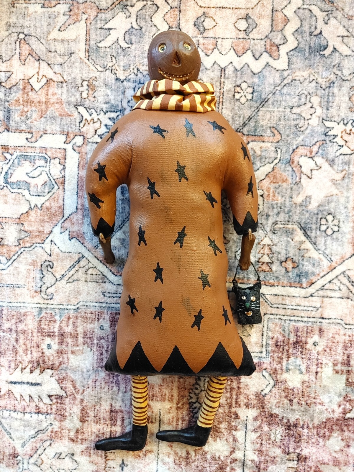 Halloween Folk Art primitive Pumpkin Head Cat Trick Treat Painted Canvas Doll