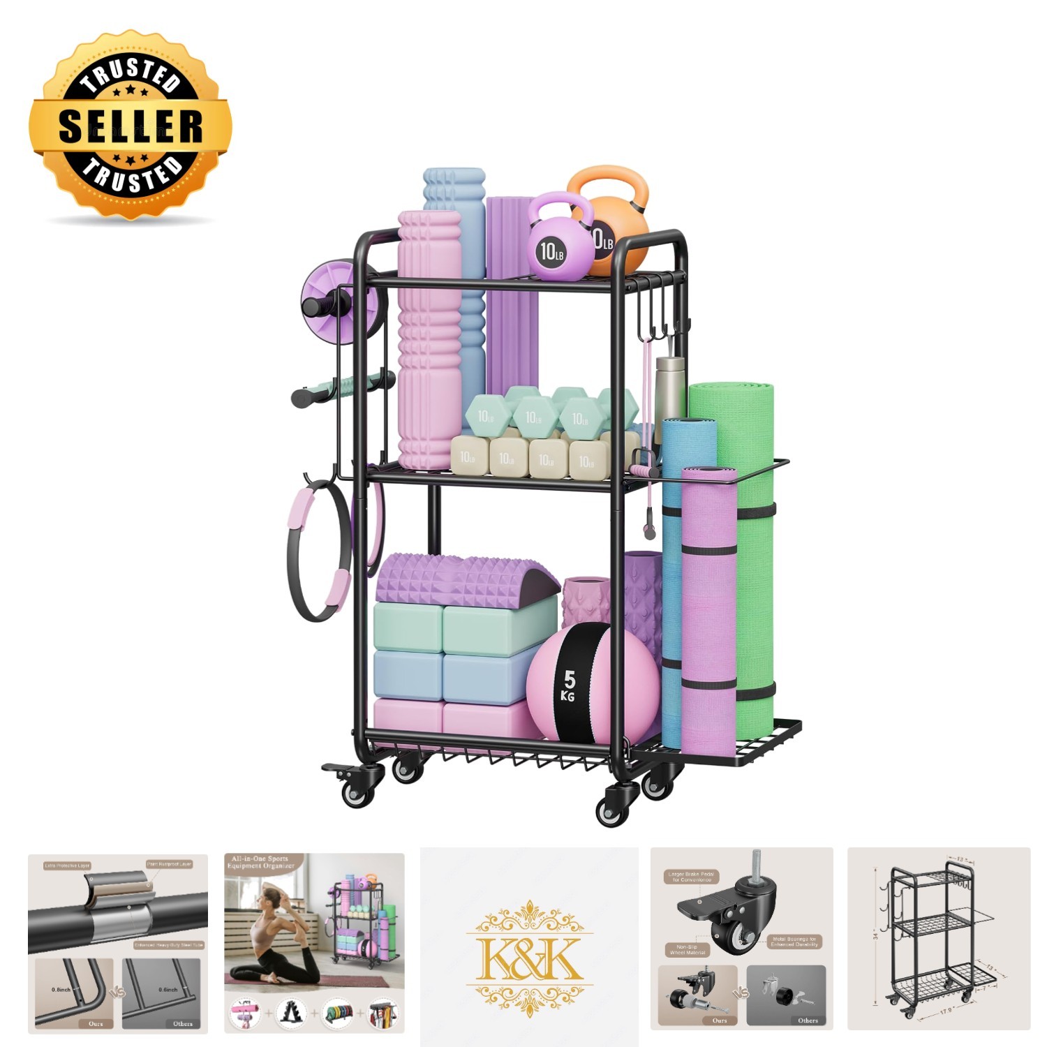 Modern Multi-Functional Home Gym Storage Rack with Wheels & Hooks - 3 Tier