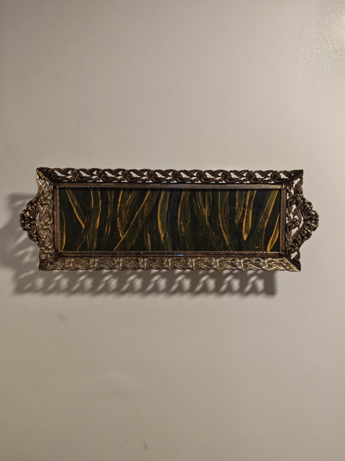 Antique oil painting on wood, framed with metal, and signed