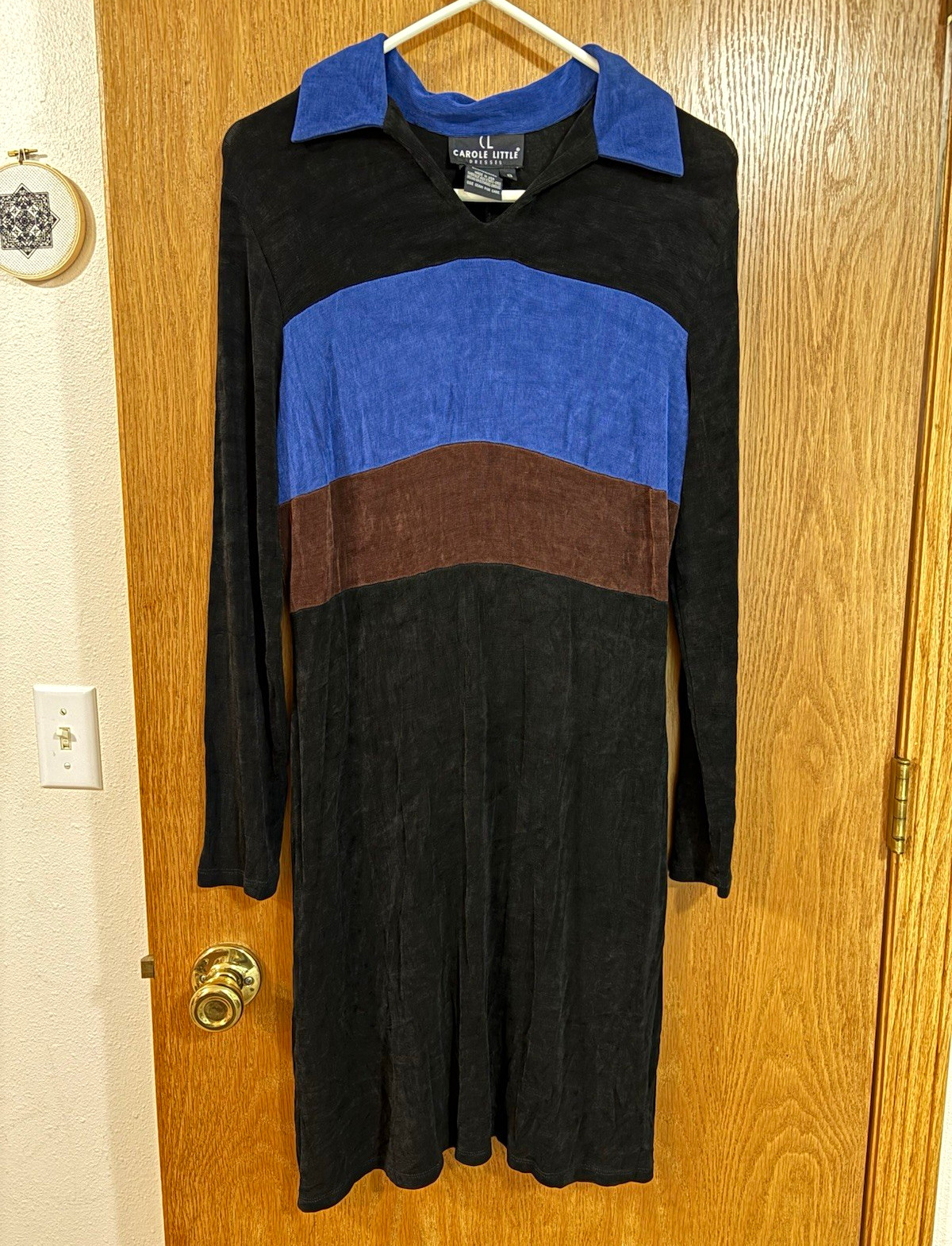 Vtg Carole Little Colorblock Collared Knit Shift Dress Long Sleeve Sz 8 Stretch