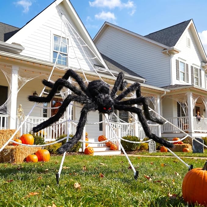 236'' Big Spider Web Halloween Decor+70'' Huge Spider for Roof with Triangular B