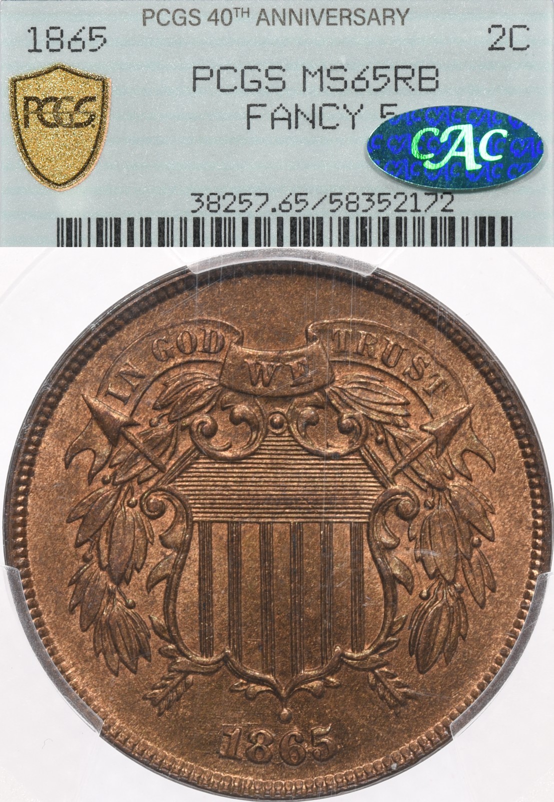 1865 2C PCGS MS65 RB CAC Fancy 5 Two Cent Piece OGH Green Retro Label Red Brown