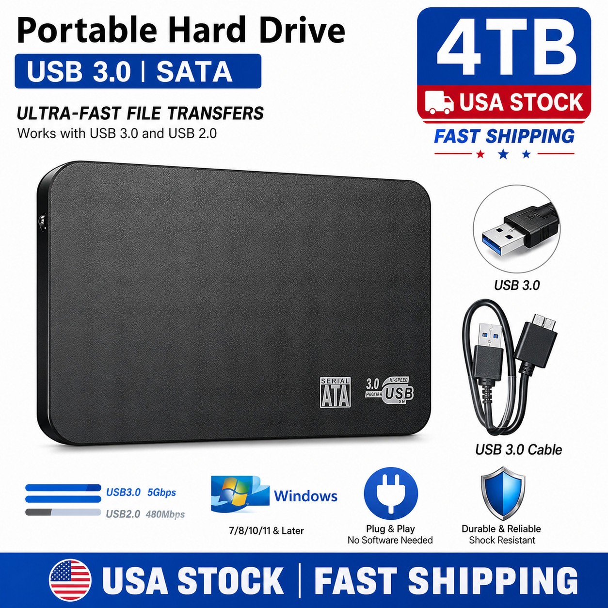 Portable 2.5in 4TB HDD External Hard Drive Enclosure USB 3.0 SATA Disk