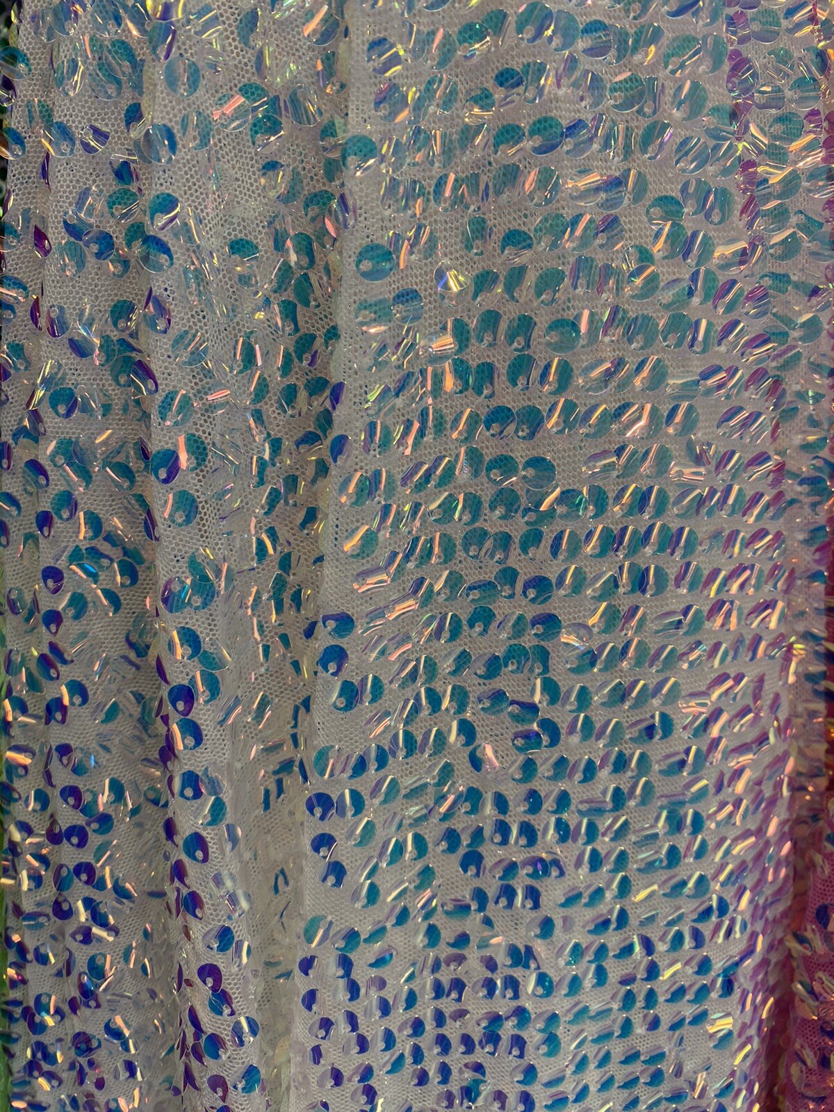 iridescent White economic all over shiny sequins on a 2 way stretch Velvet