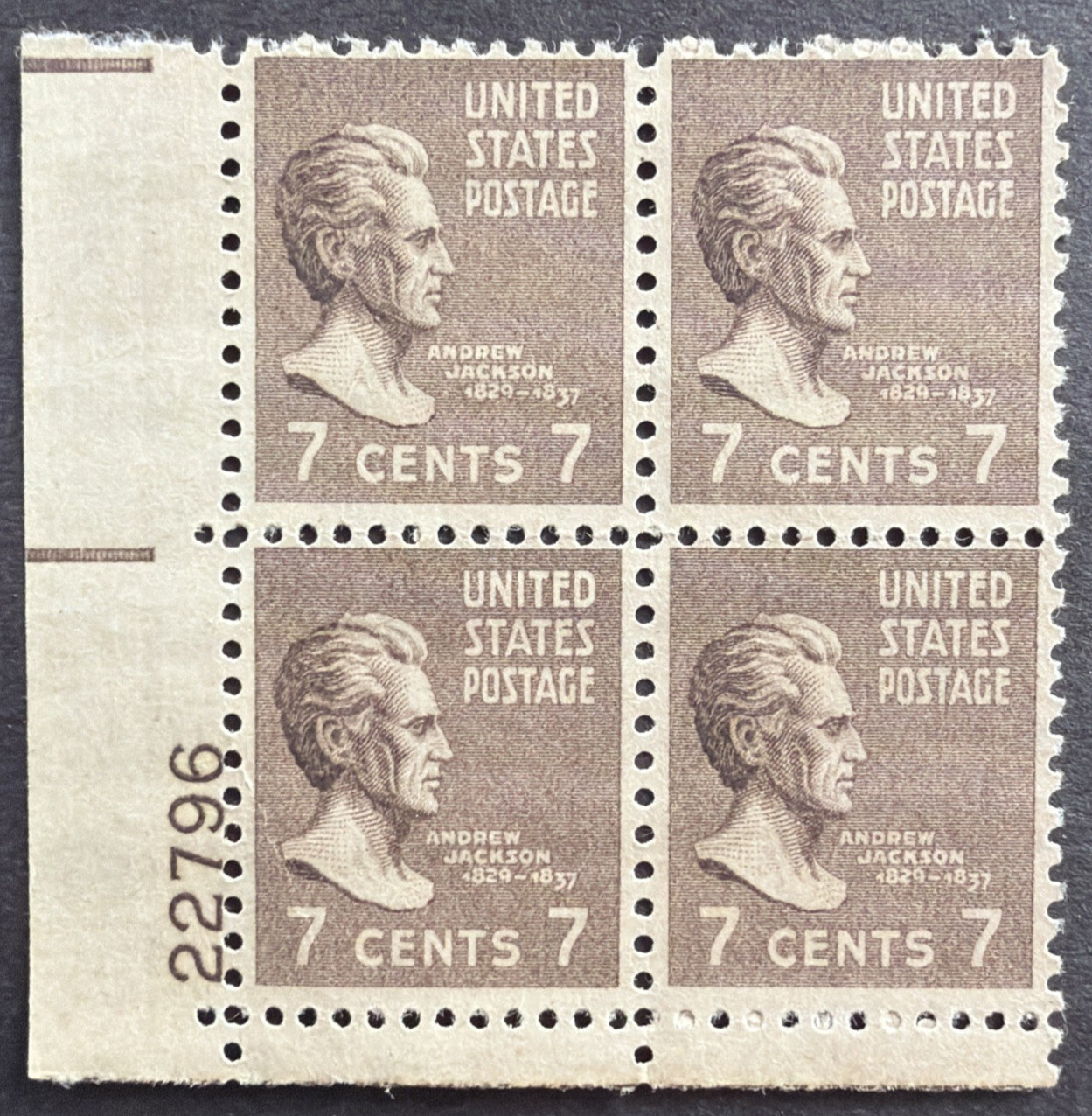 US 1938 Scott # 812 Plate Block of 4 MLH OG Andrew Jackson 7c