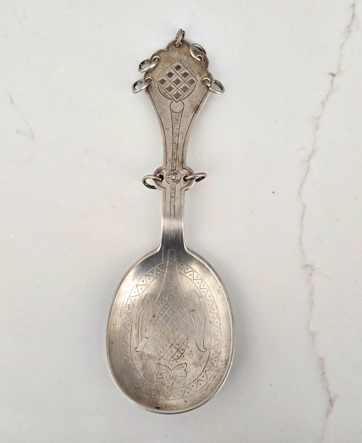 Antique Scandinavian 830S Silver Folk Spoon A.R. Dangling Rings Heavy 45.36g