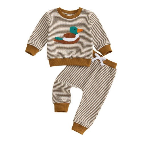 Newborn Baby Boy Fall Clothes Duck Embroidery Long Sleeve Striped Pants Set