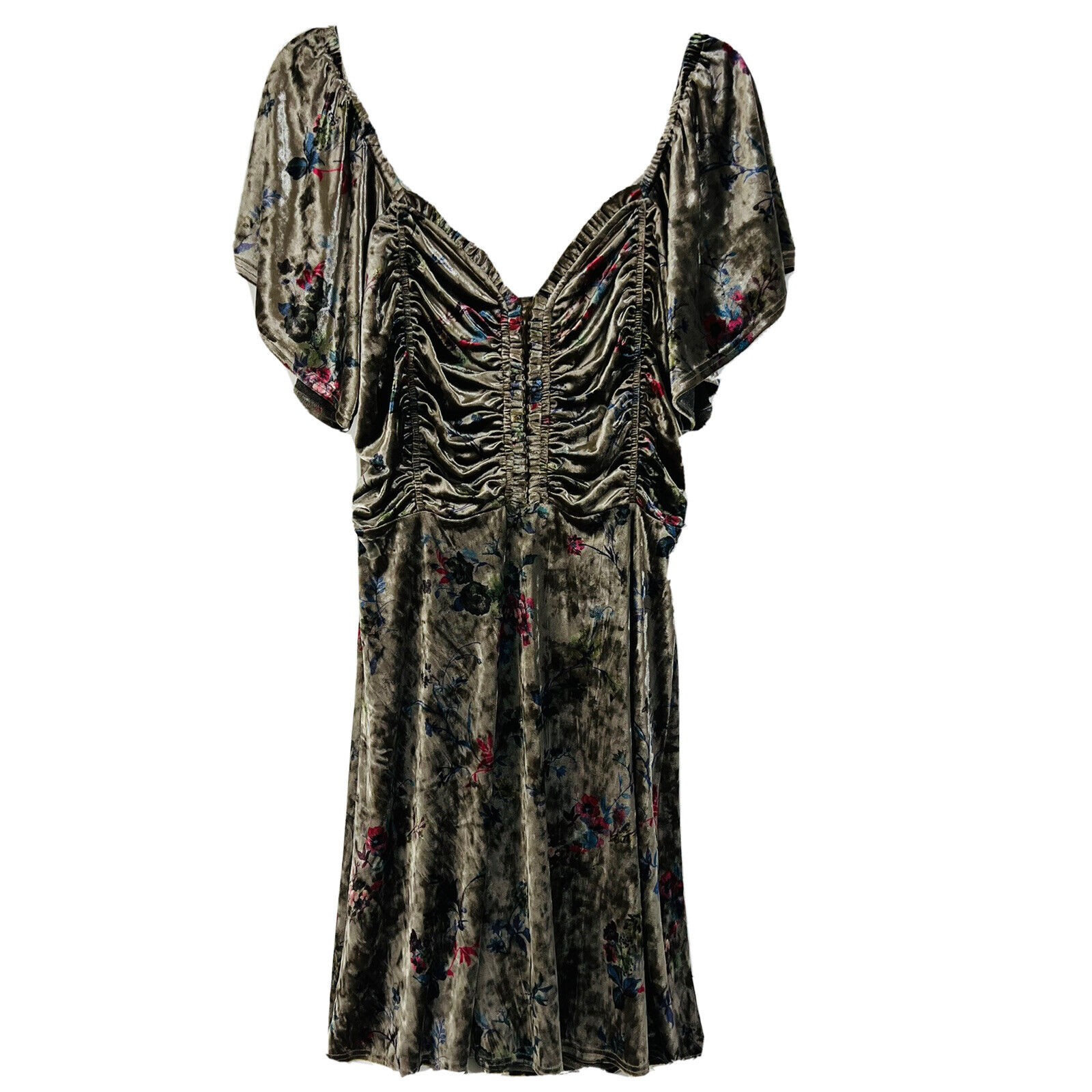 SugarLips Women’s Small Mini Dress Velvet Ruched Olive Floral Puff Sleeve