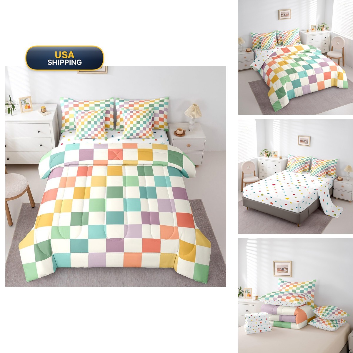 Feelyou 7 Piece Bedding Set Twin Size Green Yellow Checkered Comforter Set with Feelyou 7 Piece Bedding Set Twin Size Green Yellow Checkered Comforter Set with
