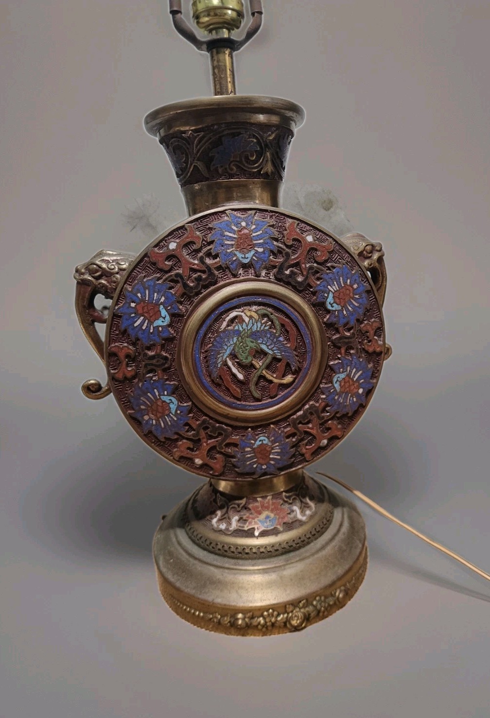 Antique Rare Japanese Moon Flask  Vase Lamp Mythical Handles Cloisonné Metal 