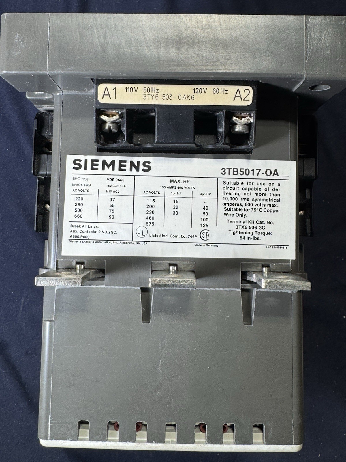 Siemens Contactor 3TB5017-0A | 600V AC New Old Stock Siemens Contactor 3TB5017-0A | 600V AC New Old Stock