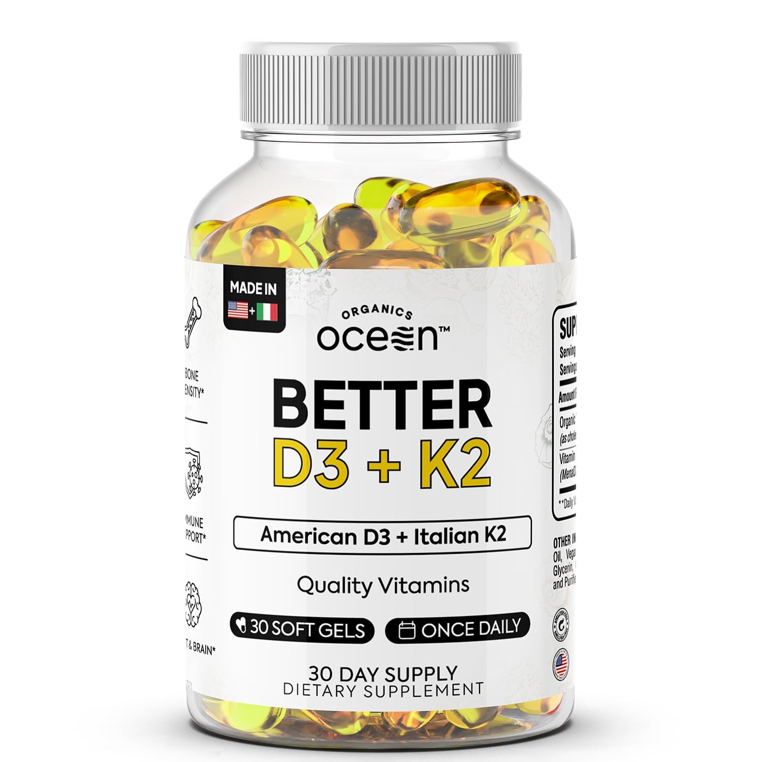 1-3Pack Organics Ocean Better D3 + K2-100% Organic Vitamin D3 and K2 Supplements
