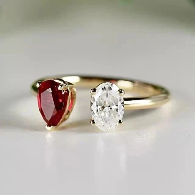 1.24 Ct Pear Cut Natural Ruby & Diamond Wedding Ring 14K Yellow Gold