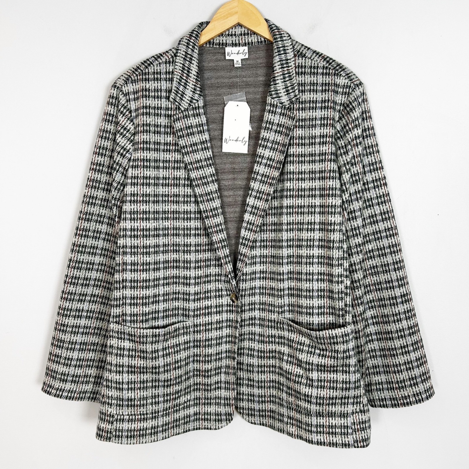 NEW Wonderly Green Houndstooth Patterned Knit Blazer Jacket Size 3X Women\'s