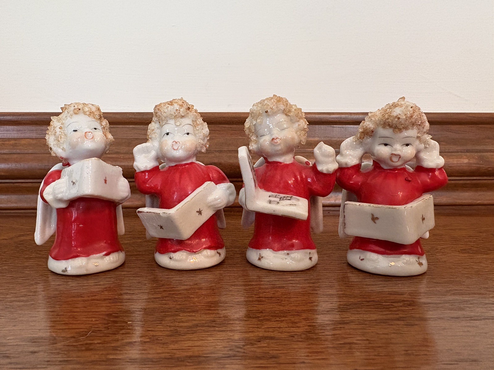 Vtg 1950's Christmas Spaghetti Hair Lot Of 4 Angel Figurines Made In Japan 3.25”