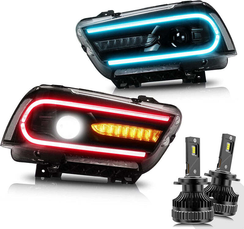 VLAND Headlights w/RGB DRL Sequential Turn+LED Bulbs For Dodge Charger 2011-2014