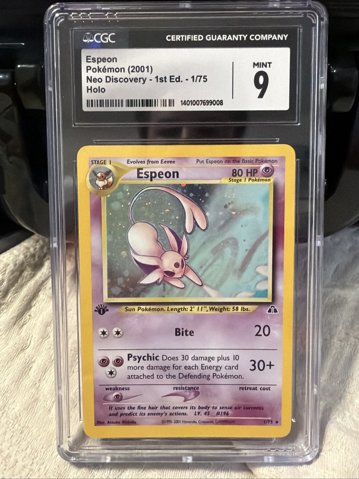 2001 NEO DISCOVERY 1ST EDITION #1 ESPEON CGC MINT 9 Swirl 1/75 First Ed 2001 NEO DISCOVERY 1ST EDITION #1 ESPEON CGC MINT 9 Swirl 1/75 First Ed