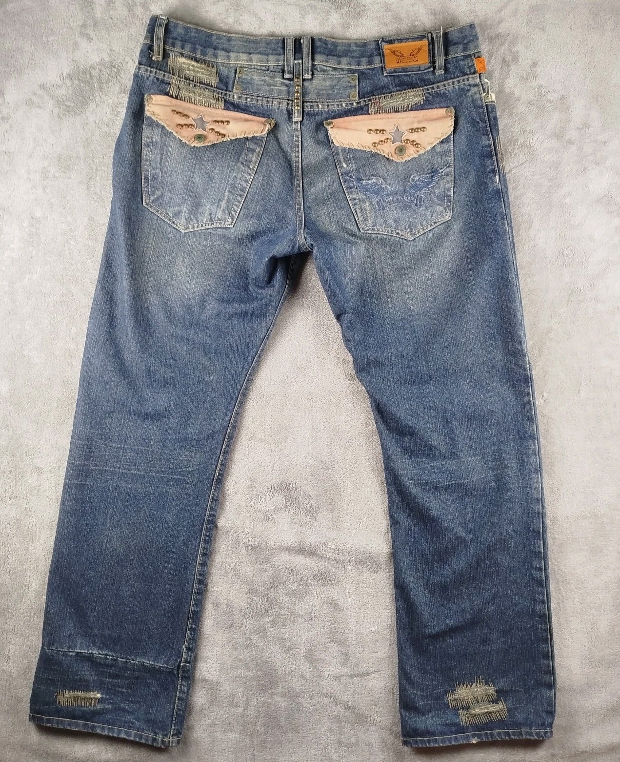 VTG Robin\'s Jeans Studded Stars Leather Flap Bootcut Men\'s 38x34 USA Made