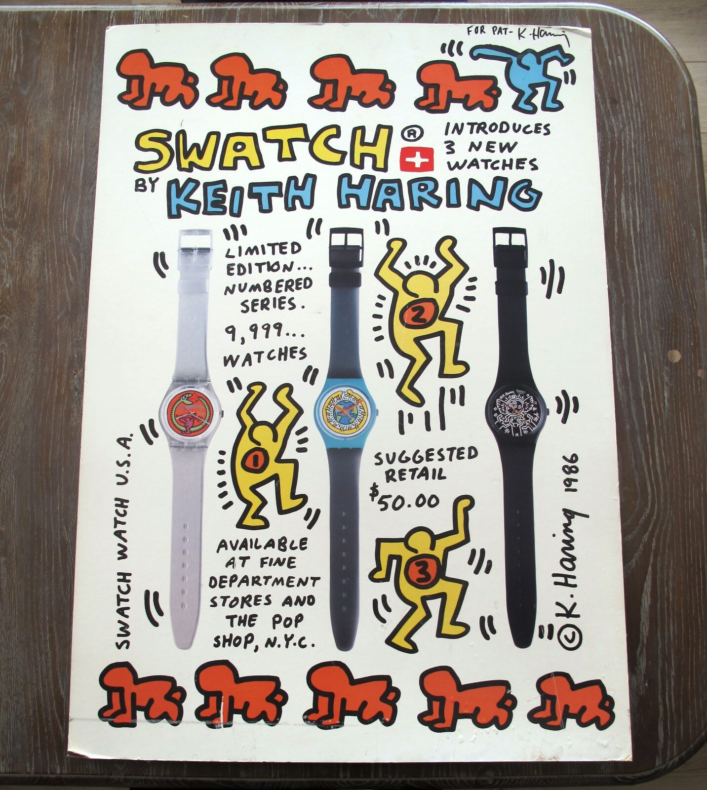 1986 KEITH HARING SWATCH WATCH USA RARE SIGNED VINTAGE PROMOTION POSTER 36x25in