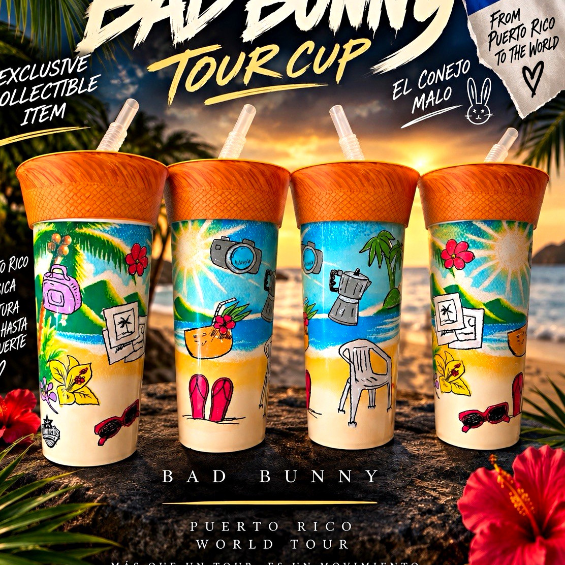 Bad Bunny Tour Cup 24oz Plastic Tumbler w/ Lid & Straw, Puerto Rico World Tour Bad Bunny Tour Cup 24oz Plastic Tumbler w/ Lid & Straw, Puerto Rico World Tour