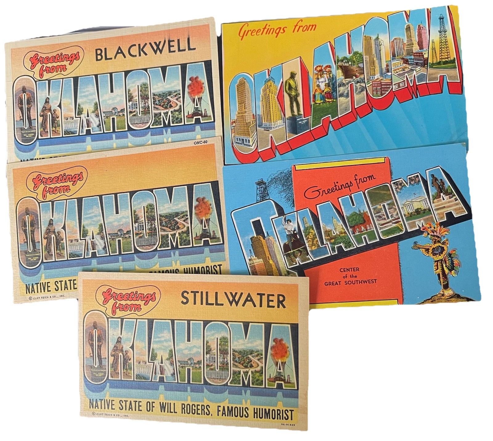 Lot of 5 Large Letter “Greetings from Oklahoma” Postcards