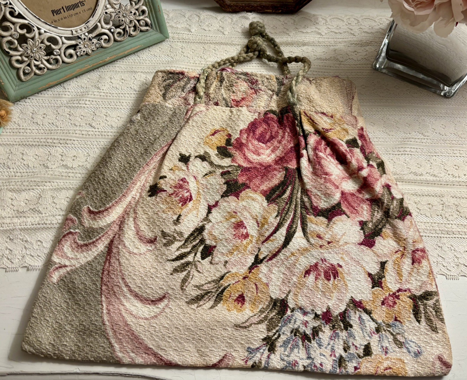 Vintage Barkcloth Cottage Pink Roses Floral Purse Bag Handmade