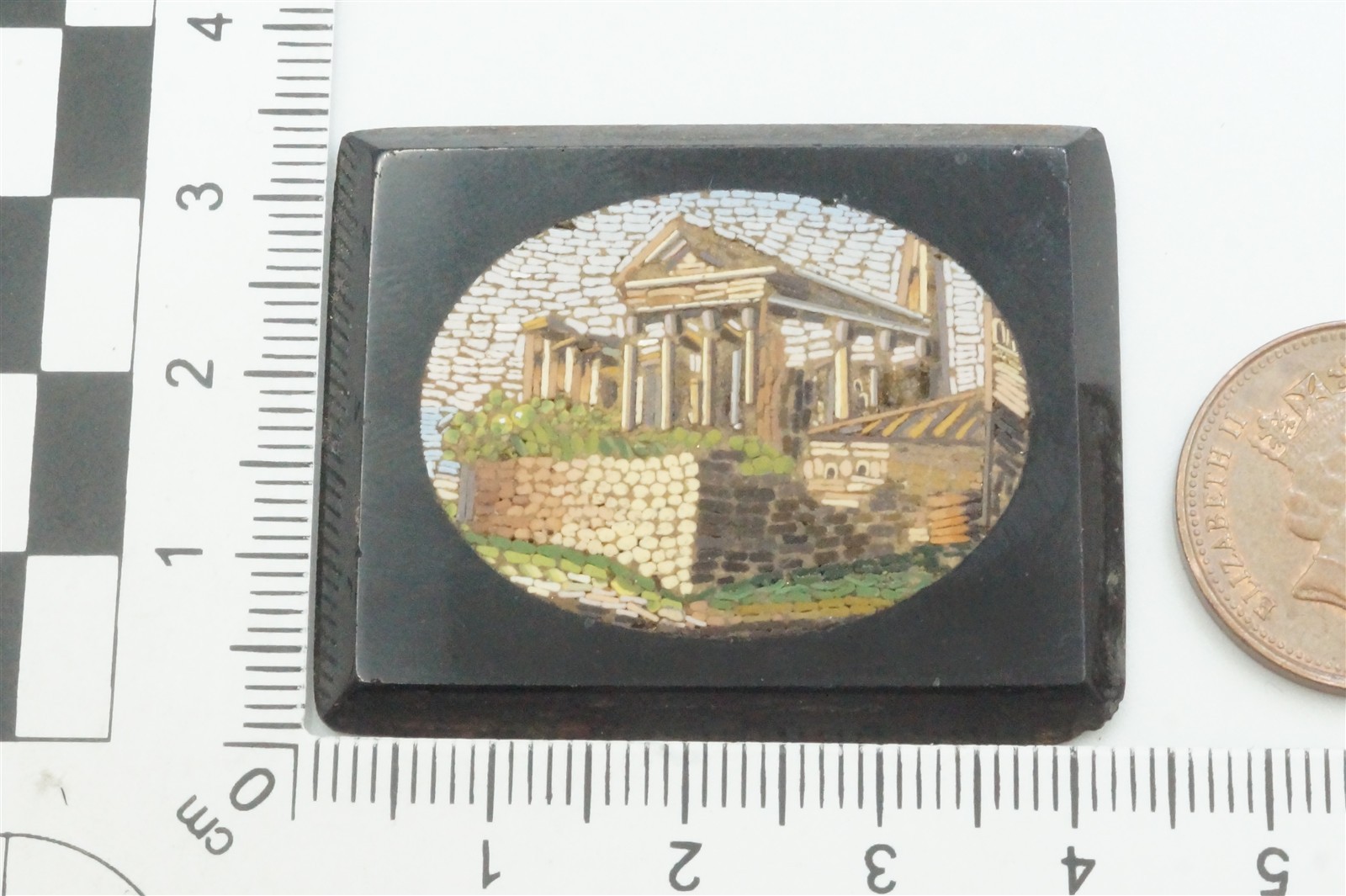 GOOD QUALITY ANTIQUE MICROMOSAIC PANEL CASTOR & POLLUX TEMPLE c1850