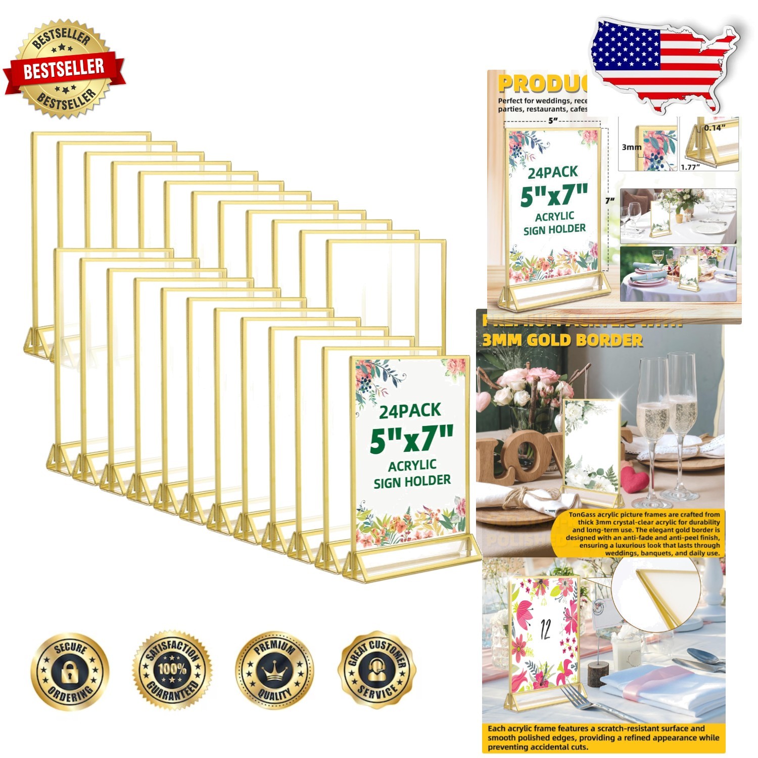 Elegant 5x7 Gold Acrylic Frames, 24 Count, Scratch-Resistant, Anti-Fade Border