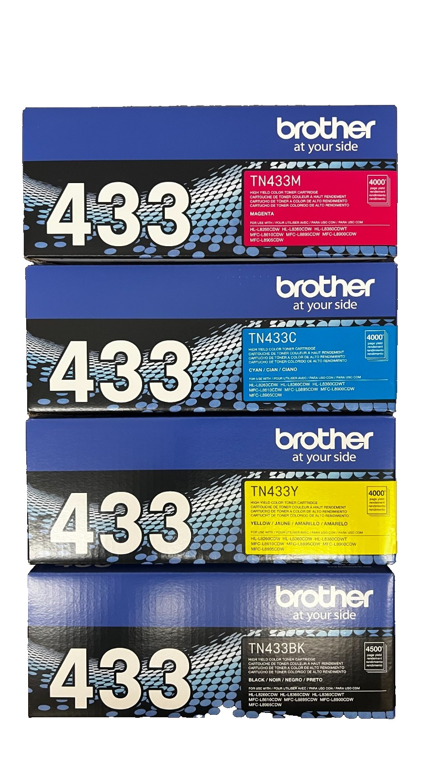 NEW Brother TN433 High Yield BLACK CYAN MAGENTA CYAN Cartridge Set - 4 Piece NEW Brother TN433 High Yield BLACK CYAN MAGENTA CYAN Cartridge Set - 4 Piece