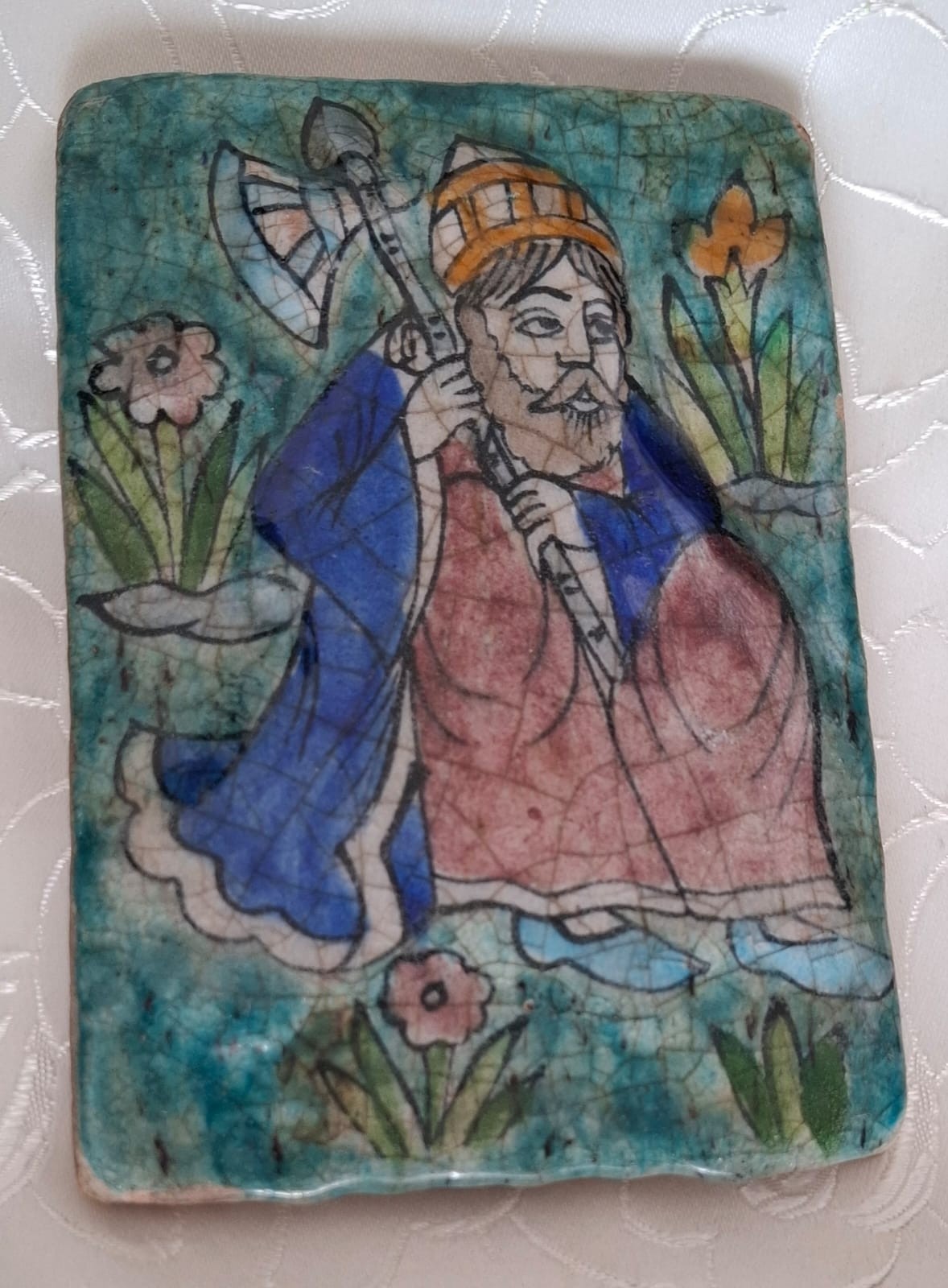Antique 19th Century Qajar Pottery Tile – Depicting a Sufi Mystic with Tabarzin Antique 19th Century Qajar Pottery Tile – Depicting a Sufi Mystic with Tabarzin