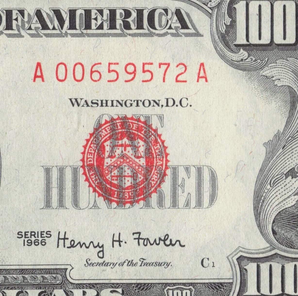 1966 $100 Red Seal Note — Serial A00659572A — Circulated — Total Run 768K 1966 $100 Red Seal Note — Serial A00659572A — Circulated — Total Run 768K