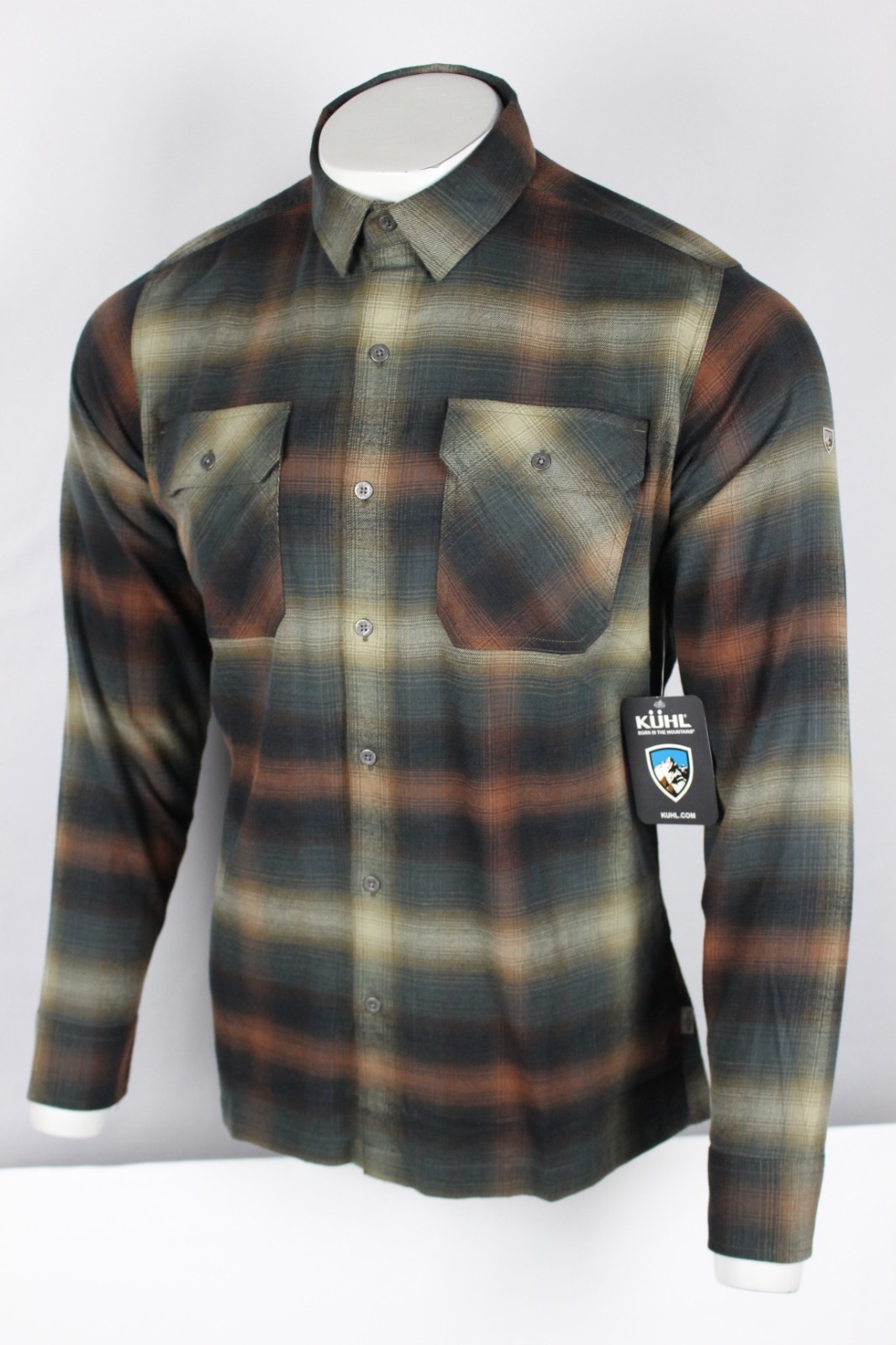 Kuhl Men's Dillingr Flannel Long Sleeve Button Shirt Dune Brown Plaid 7186