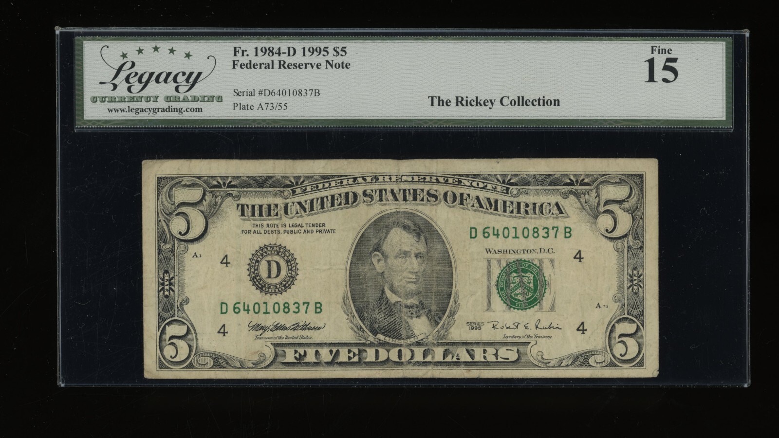 DBR 1995 $5 FRN Cleveland Fr. 1984-D Legacy 15 Serial D64010837B